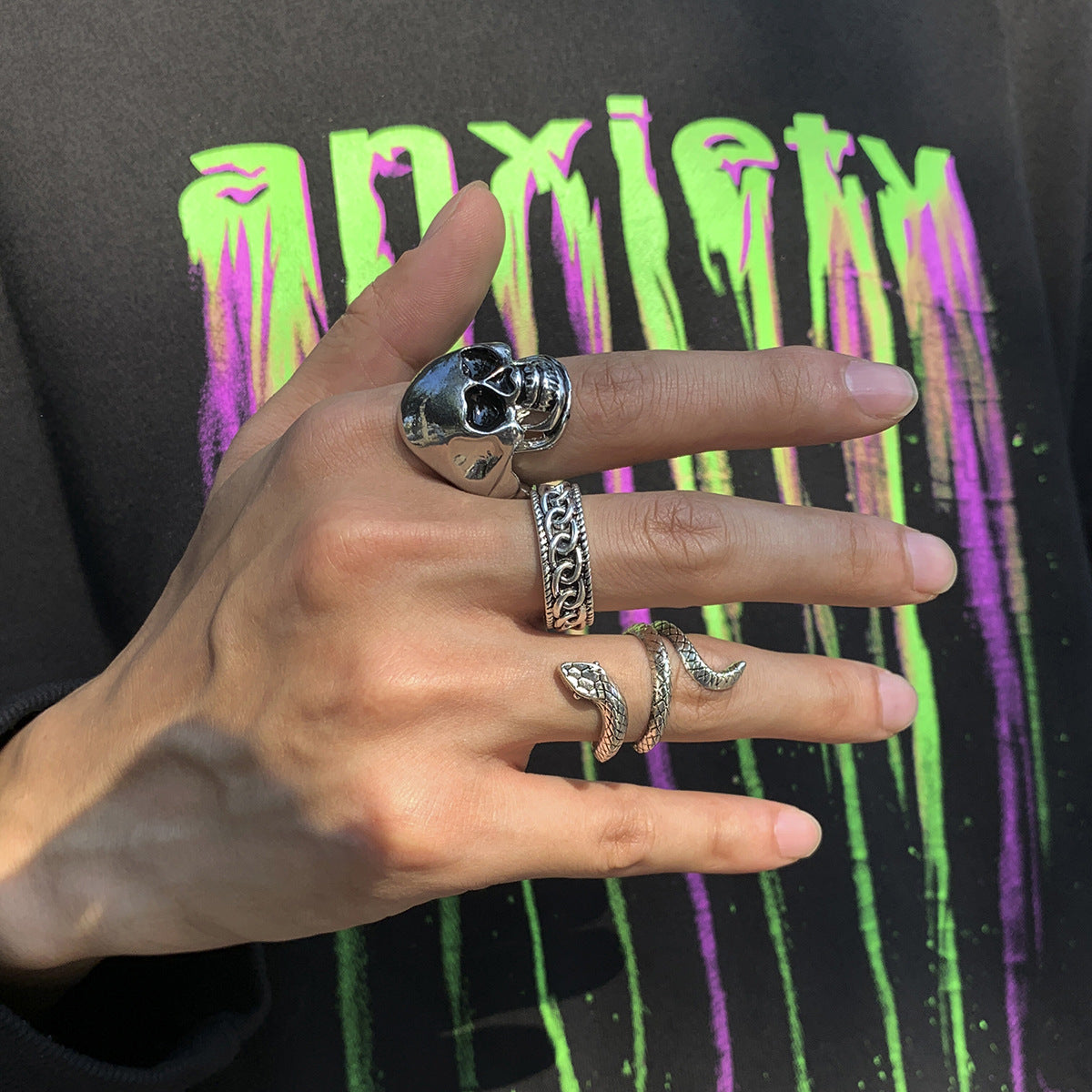 Totenkopf & Schlangen Ring Set – Punk Skull Snake Retro Ring Set Silber