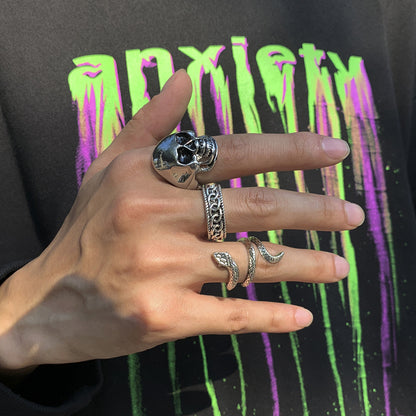 Totenkopf & Schlangen Ring Set – Punk Skull Snake Retro Ring Set Silber