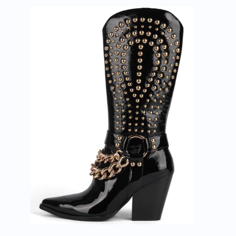 Punkgräfin Knight Boots – Punk Western Cowboy Stiefel Schwarz mit Nieten & Kette