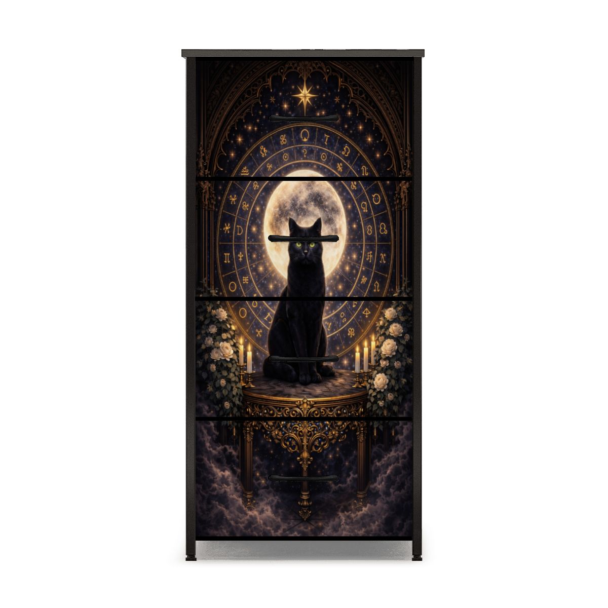 Gothic Kommode Schrank mit schwarze Katze und Runen und 4 Schubladen, Möbel Dark Aesthetic