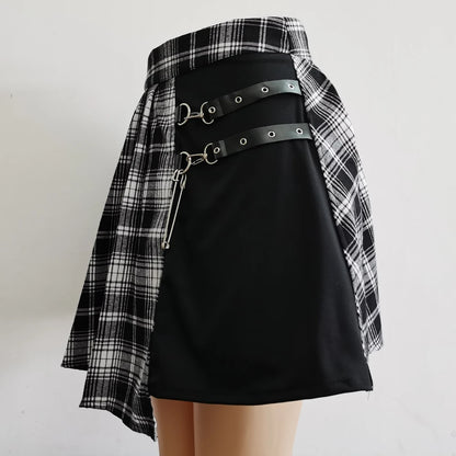 Punkgräfin Karierter Minirock Damen – Gothic Plaid Rock mit Riemen