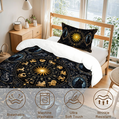 Gothic Zodiak Bettwäsche blau Astrologie Sternzeichen mit schwarzer Katze in viktorianischen Stil