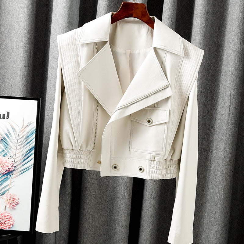 Muschibitch Cropped Leather Moto Biker Jacket – Genuine Sheepskin