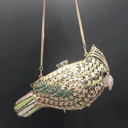 Muschibitch Crystal Bird Clutch – Luxury Rhinestone Parrot Designer Evening Bag