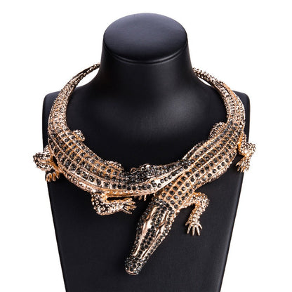 Krokodil Statement Halskette mit Kristallen – Luxus Crocodile Necklace Gold Silber
