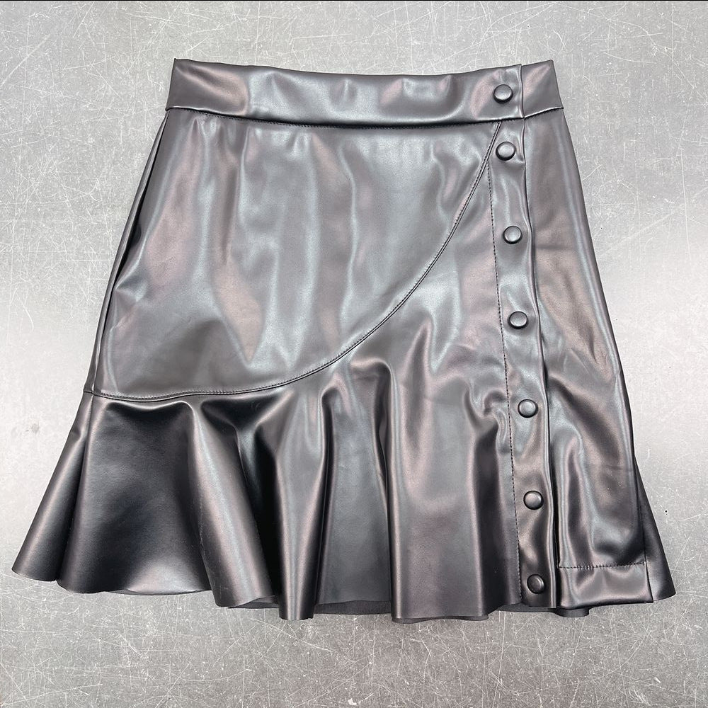 Punkgräfin Lederlook Minirock Schwarz – Asymmetrischer PU Rock mit Volant