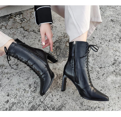 Punkgräfin Lace-Up High Heel Stiefeletten – Gothic Damen Ankle Boots mit Schnürung