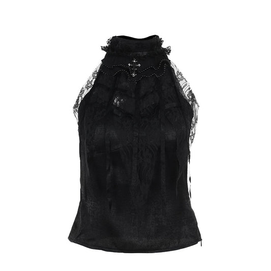 Gothicbro Gothic Spitzen Top Schwarz mit Rüschen & Kreuzdetail