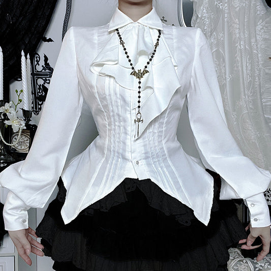 Gothicbro Gothic Lolita Bluse Weiß, Viktorianische Rüschenbluse mit Laternenärmeln