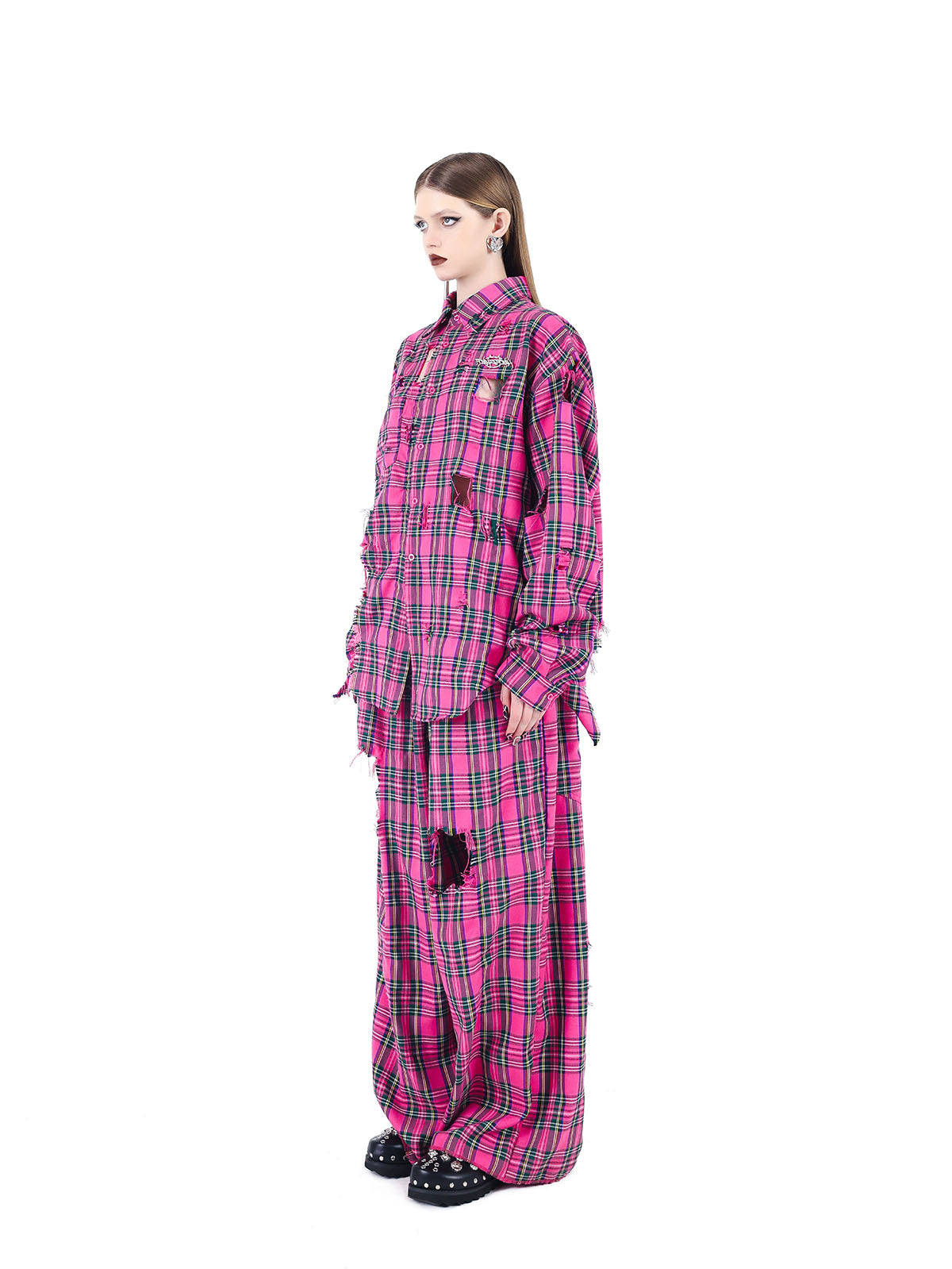 Punkgräfin Pink Punk Rock Set – Destroyed Checkered Shirt & Pants