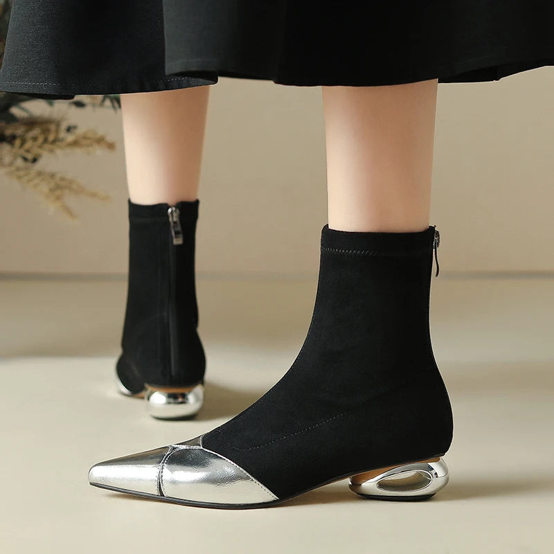 Punkgräfin Sock Boots Damen Schwarz Gold / Silber – Designer Ankle Boots mit Metallic Spitze