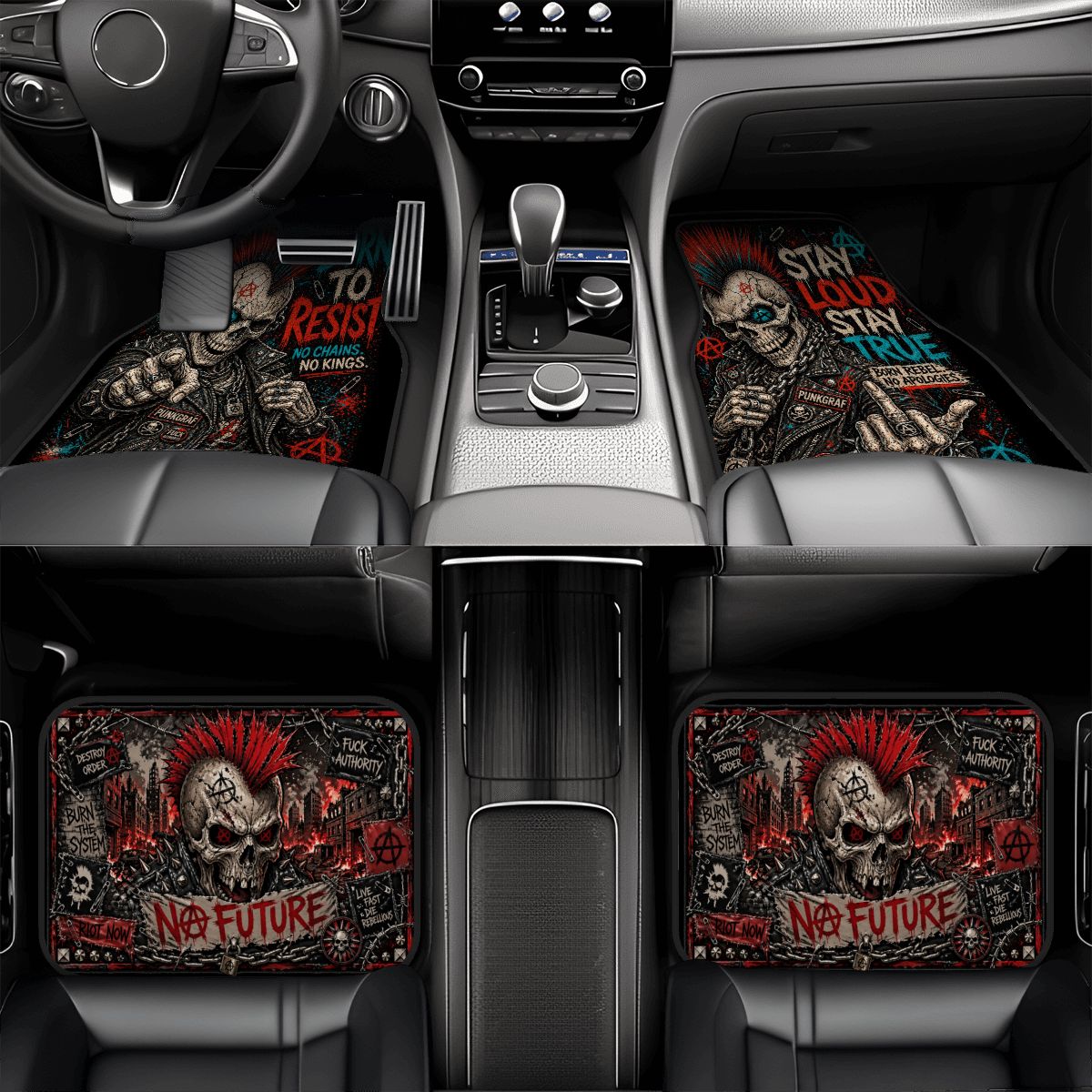 Punk Auto Fußmatten, Punkgraf Automatten Set, Gothic Auto Deko, No Future Fußmatten, 4-teiliges Car Mat Set