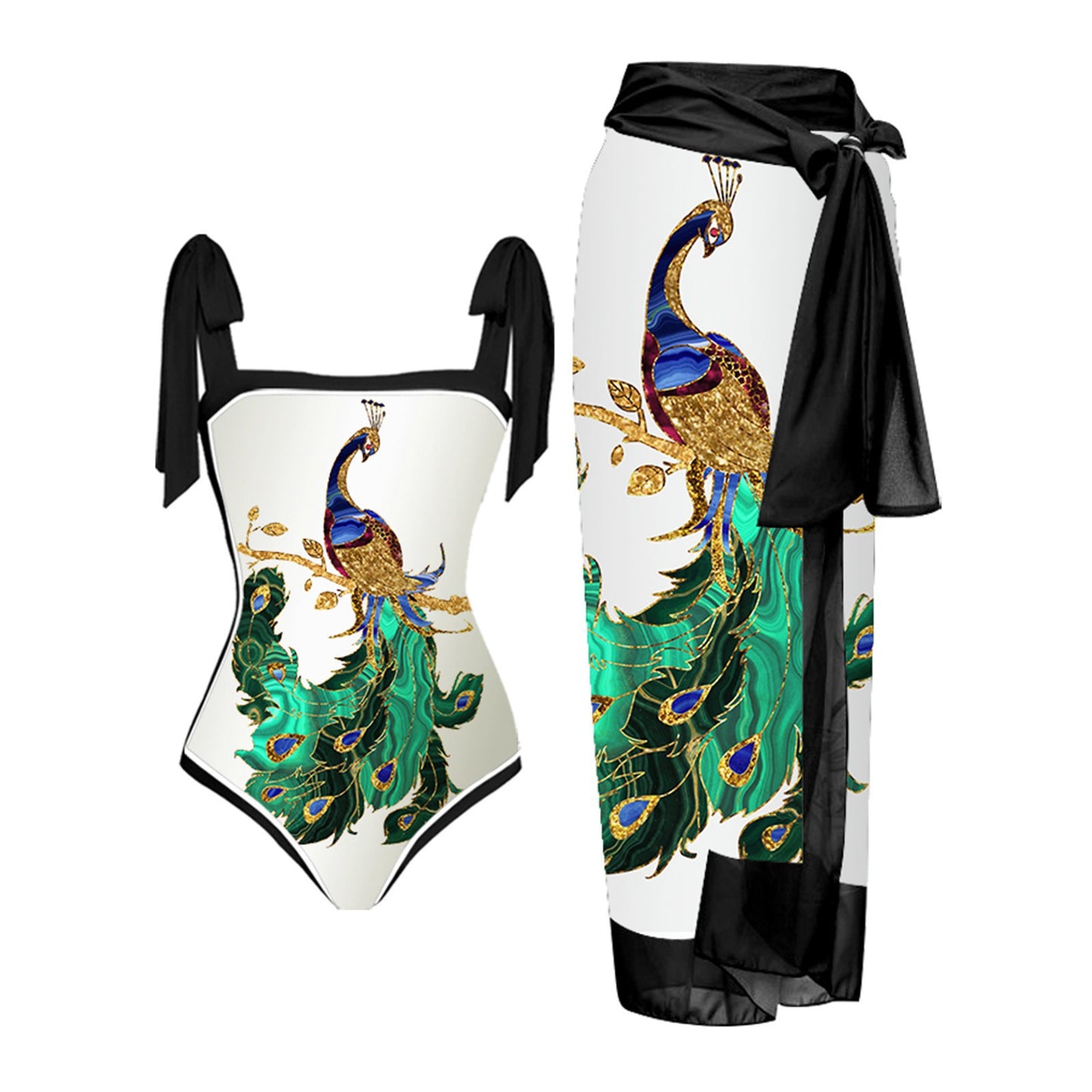 Muschibitch Eleganter Designer Badeanzug Damen Pfauenprint Set mit Sarong Weiß Schwarz
