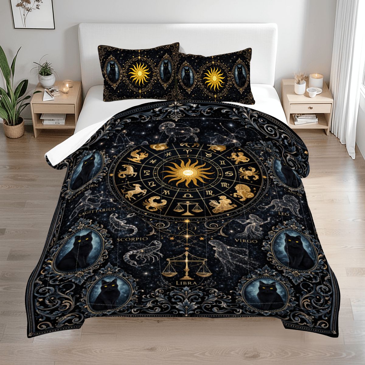 Gothic Zodiak Bettwäsche Queen 3-teilig Blau mit Astrologie Sternzeichen, schwarze Katzen in viktorianischen Stil