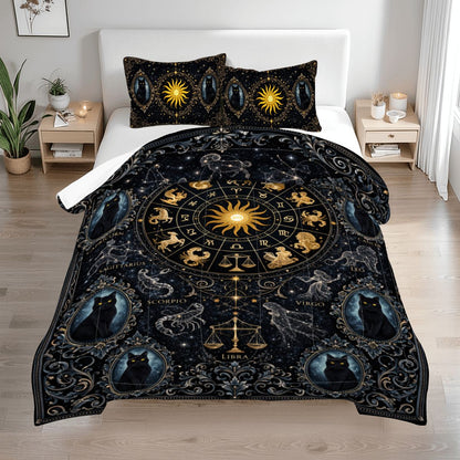 Gothic Zodiak Bettwäsche Queen 3-teilig Blau mit Astrologie Sternzeichen, schwarze Katzen in viktorianischen Stil