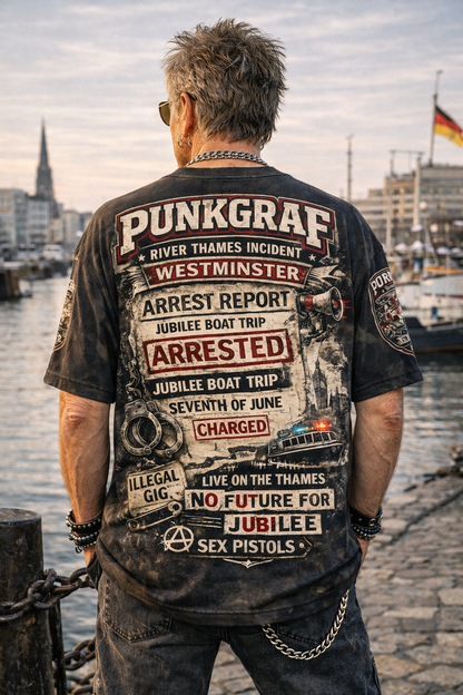 Punk Rock Shirt, Jubilee Boat Trip 1977, Westminster Thames Riot Sex Pistols – AOP T-Shirt Vintage Punk Poster Look by Punkgraf