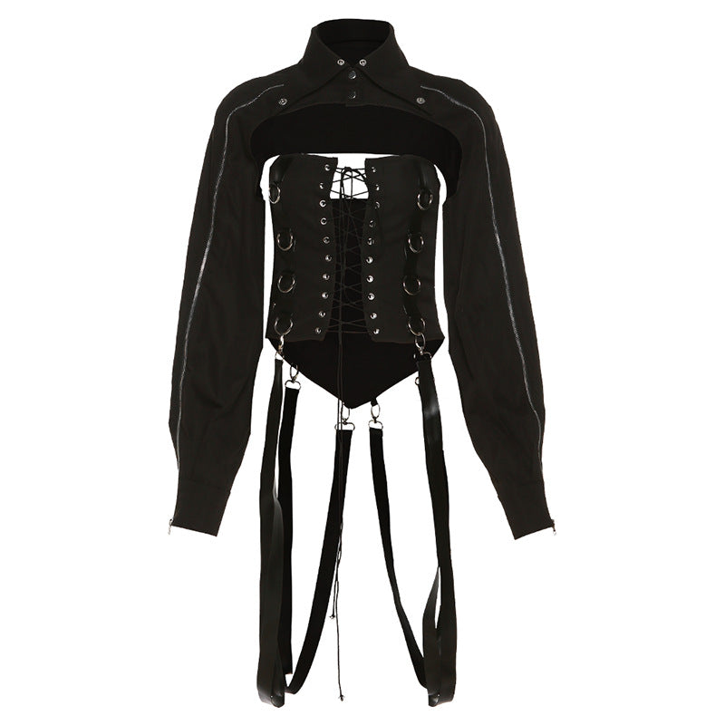 Muschibitch Corsage Gothic Set, sexy 3 Teiler - Crop Jacke mit Harness Look