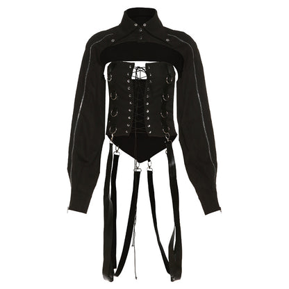 Muschibitch Corsage Gothic Set, sexy 3 Teiler - Crop Jacke mit Harness Look