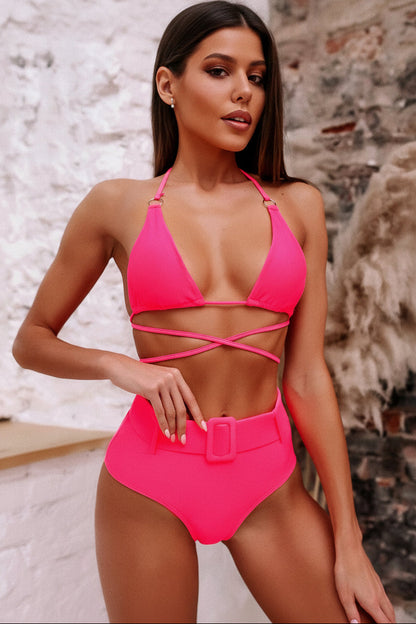 Muschibitch Blauer Leopard Barock Halter Bikini – Luxus Beachwear mit Gold-Ornamenten