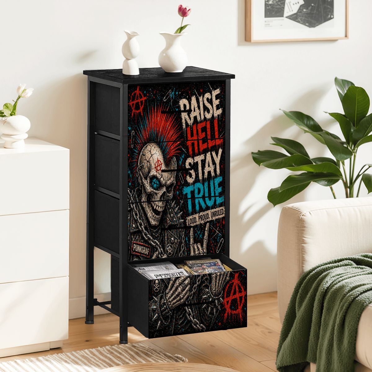 Punk Kommode Schubladenschrank, RAISE HELL STAY TRUE Designer Möbel, Rebellischer Dresser