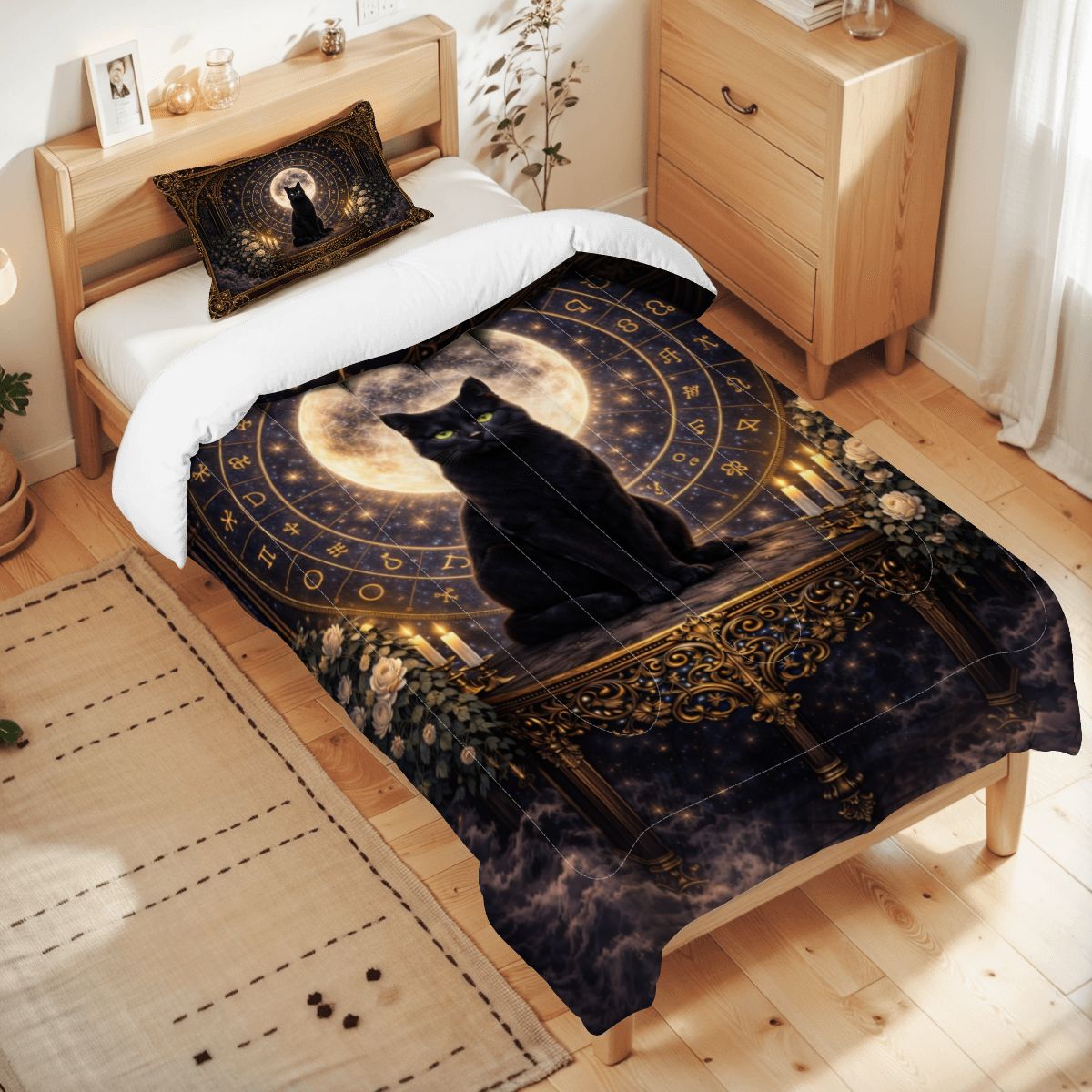 Gothic Bettwäsche schwarze Katze, Twin Comforter Set mit Mond und Symbolkreis