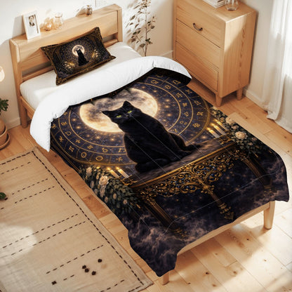 Gothic Bettwäsche schwarze Katze, Twin Comforter Set mit Mond und Symbolkreis