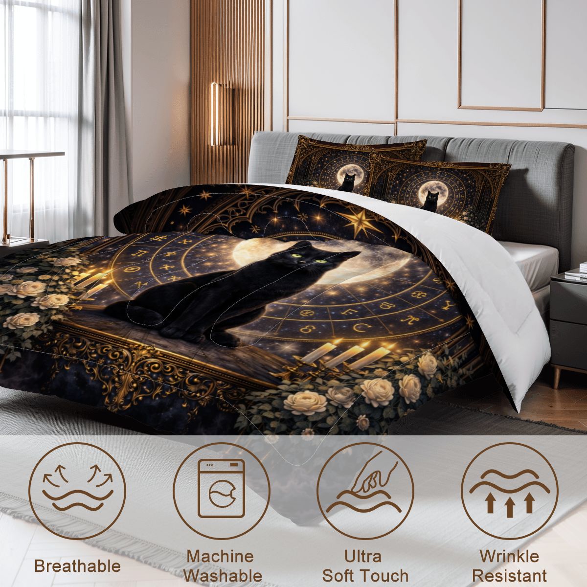 Gothic Queen Bettwäsche 3-teilig schwarze Katze, Queen Comforter Set mit Mond und Symbolkreis