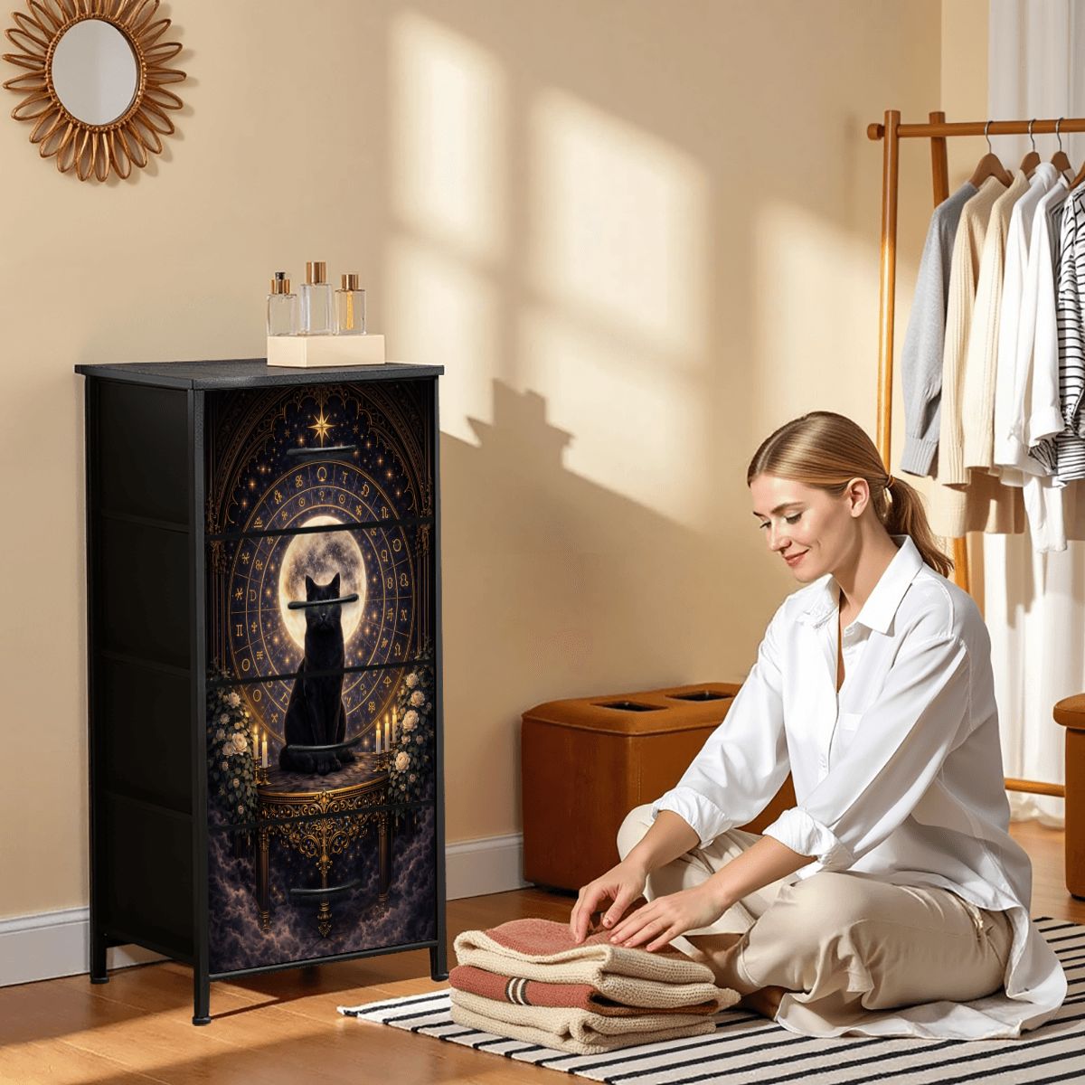 Gothic Kommode Schrank mit schwarze Katze und Runen und 4 Schubladen, Möbel Dark Aesthetic