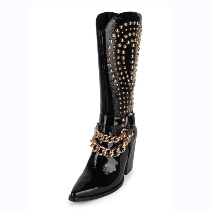 Punkgräfin Knight Boots – Punk Western Cowboy Stiefel Schwarz mit Nieten & Kette