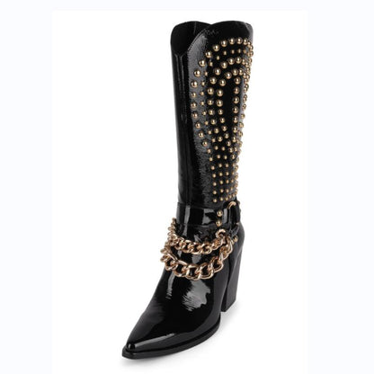 Punkgräfin Knight Boots – Punk Western Cowboy Stiefel Schwarz mit Nieten & Kette