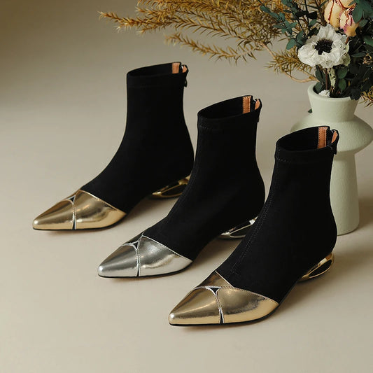 Punkgräfin Sock Boots Damen Schwarz Gold / Silber – Designer Ankle Boots mit Metallic Spitze