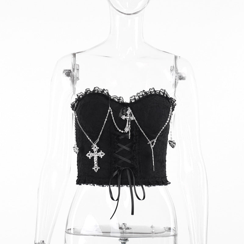 Gothicbro Gothic Korsett Top – Dark Cross Chain Lace Bustier
