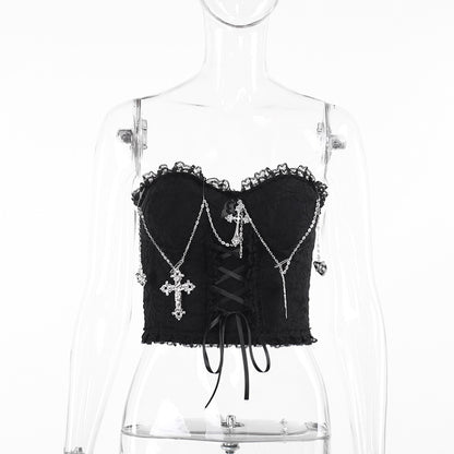 Gothicbro Gothic Korsett Top – Dark Cross Chain Lace Bustier
