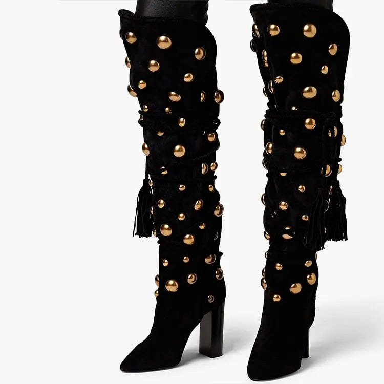Punkgräfin Studded Knee Boots – Gothic Punk Overknee Stiefel mit Goldnieten & High Heel