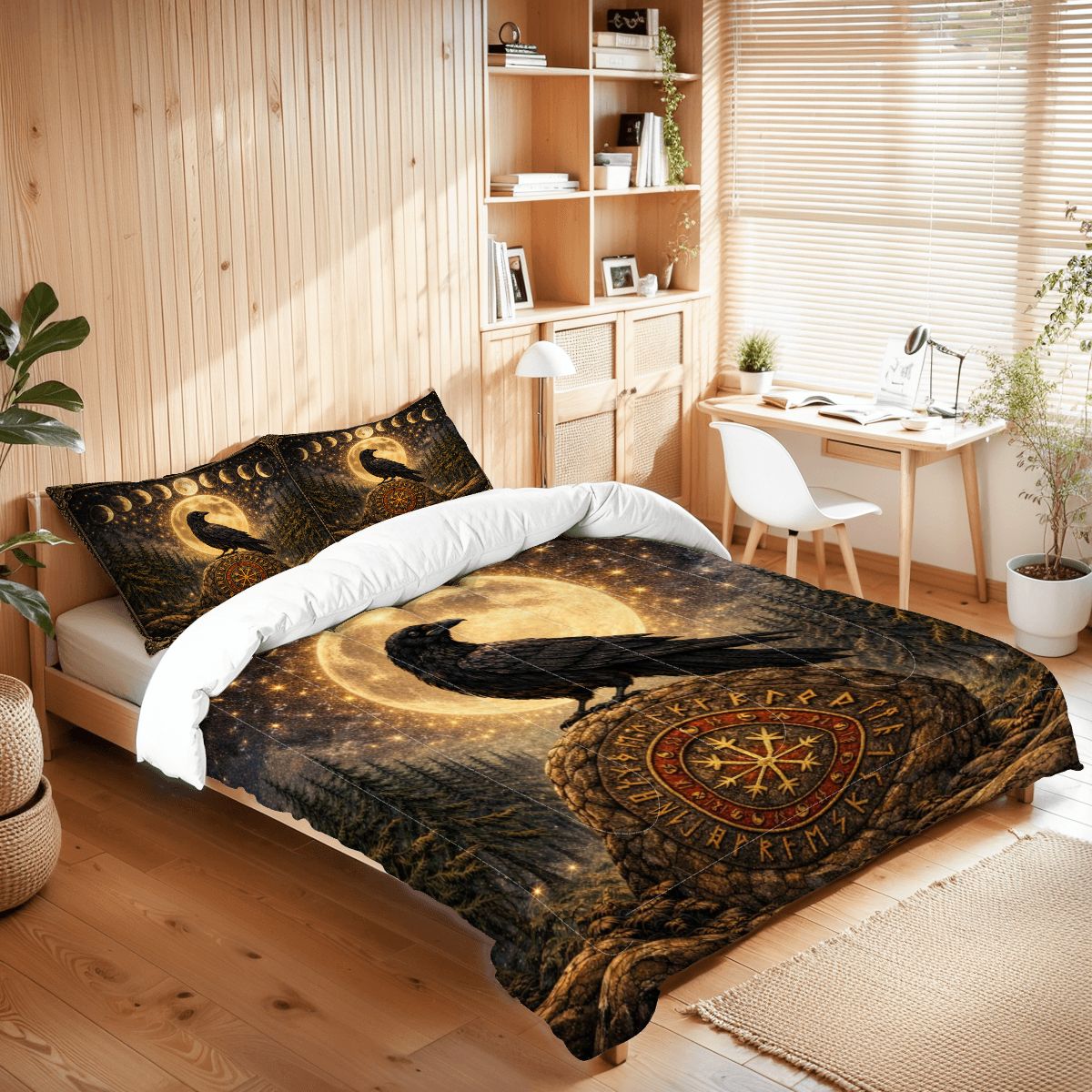 Gothic Bettwäsche Queen 3-teilig mit Rabe auf Wikinger Runenstein, mystisches Comforter Set