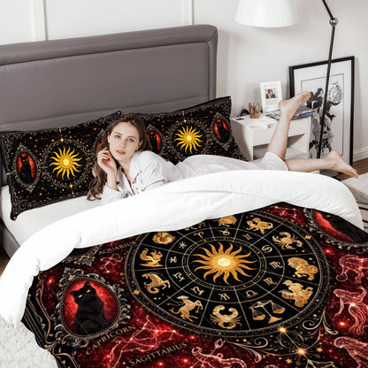 Gothic Zodiak Bettwäsche Queen 3-teilig Rot mit Astrologie Sternzeichen, schwarze Katzen in viktorianischen Stil
