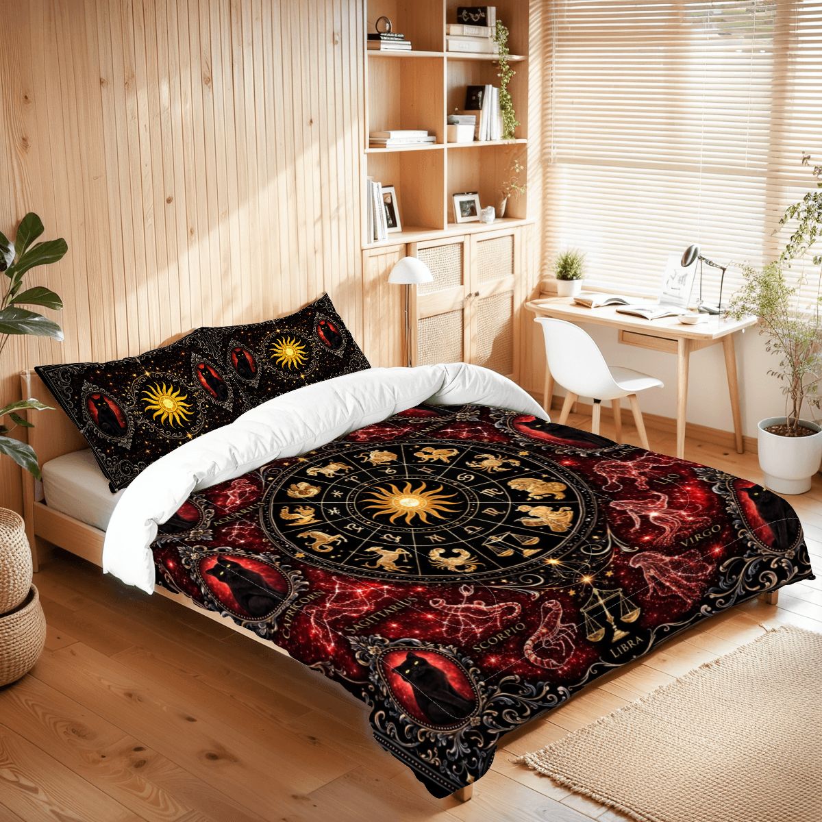 Gothic Zodiak Bettwäsche Queen 3-teilig Rot mit Astrologie Sternzeichen, schwarze Katzen in viktorianischen Stil