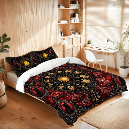 Gothic Zodiak Bettwäsche Queen 3-teilig Rot mit Astrologie Sternzeichen, schwarze Katzen in viktorianischen Stil