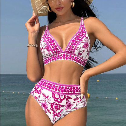 Muschibitch High Waist Print Bikini, sexy Zweiteiler mit V-Ausschnitt Beach Club