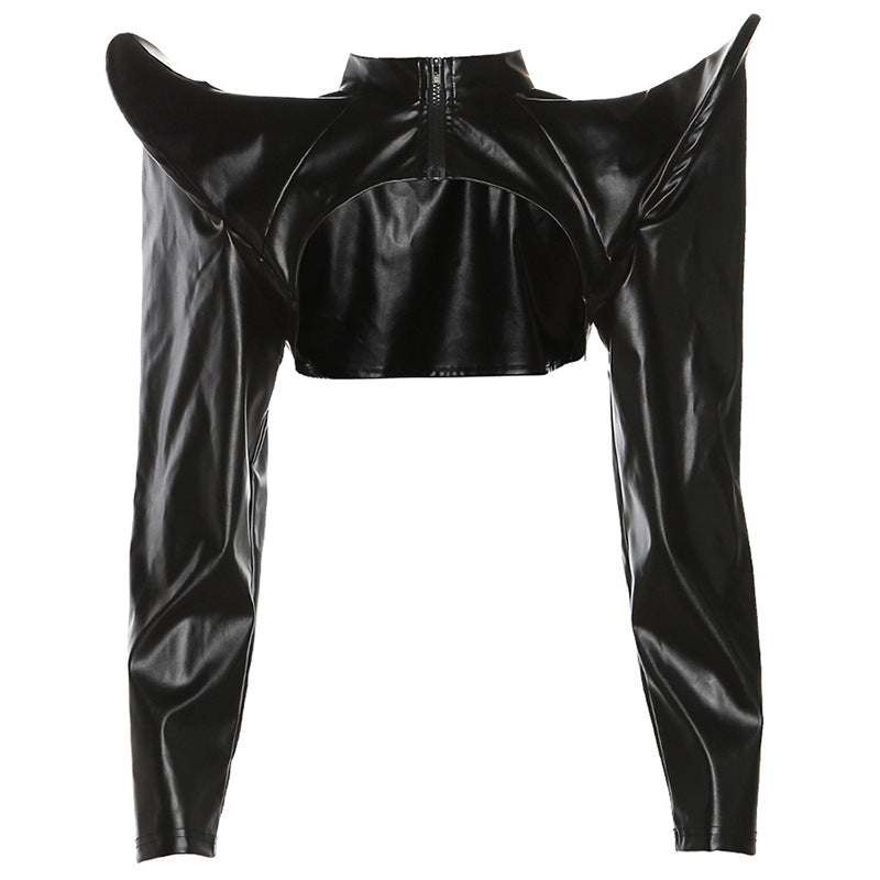 Punkgräfin Leather Crop Top – Sexy Gothic Schulterjacke