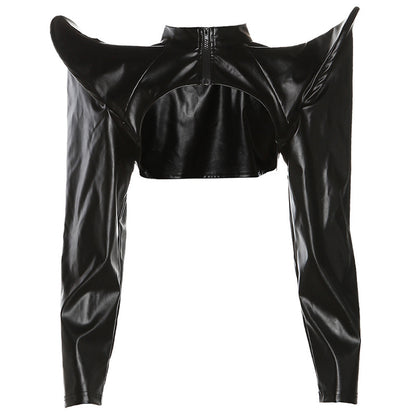 Punkgräfin Leather Crop Top – Sexy Gothic Schulterjacke