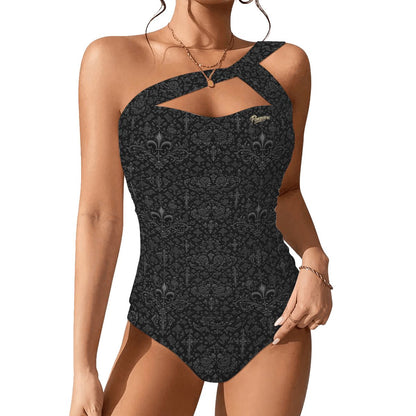 Punkgräfin Gothic Elegance – Asymmetrischer Tankini mit Rücken-Schnürprint von Punkgräfin