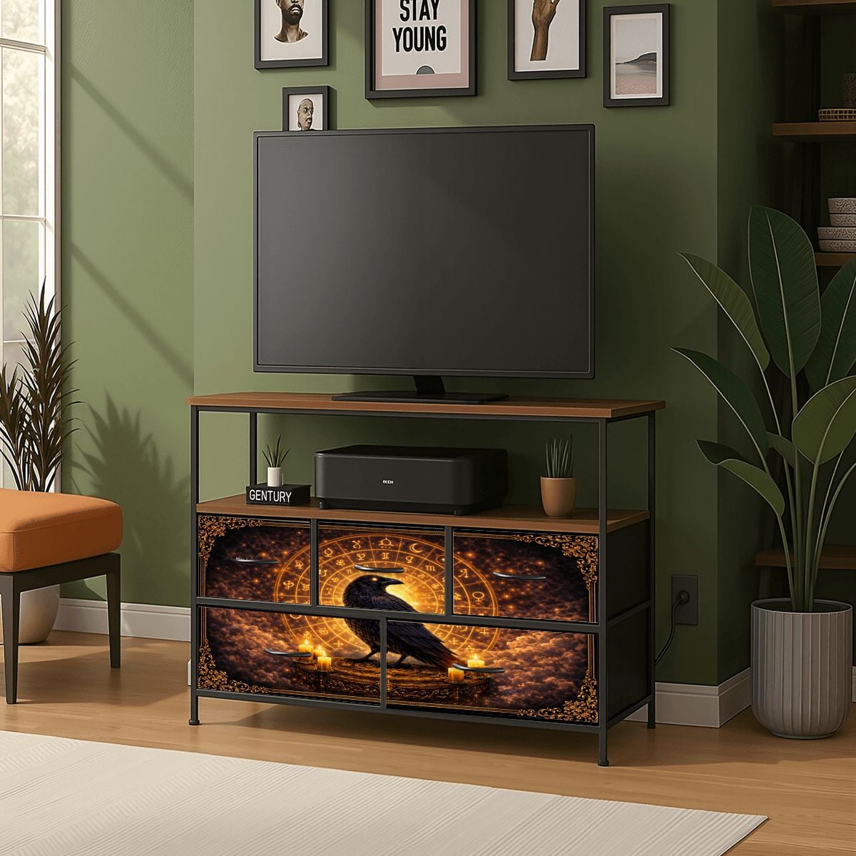 Gothic TV Sideboard im keltischen Wikinger Stil mit Raben & Runen - Kommode mit USB und Steckdosen