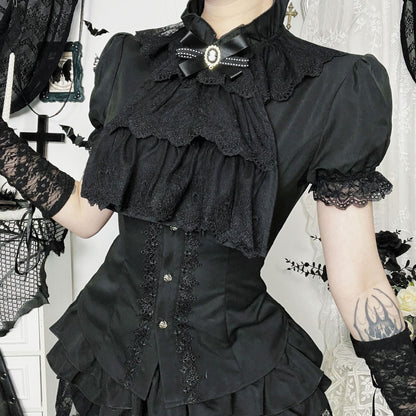 Gothicbro Dark Gothic Bluse Viktorianische Spitzenbluse Stehkragen und Rüschen