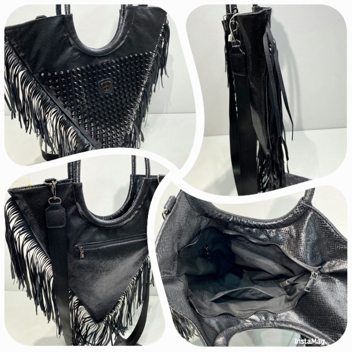 Muschibitch Rivet Fringe Tote – Leopard & Black Retro Designer Shoulder Bag