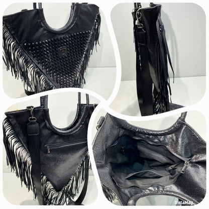 Muschibitch Rivet Fringe Tote – Leopard & Black Retro Designer Shoulder Bag