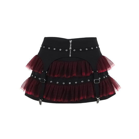 Gothicbro Zweiteiler Damen Rot Schwarz – Gothic Top & Ruffle Minirock Set