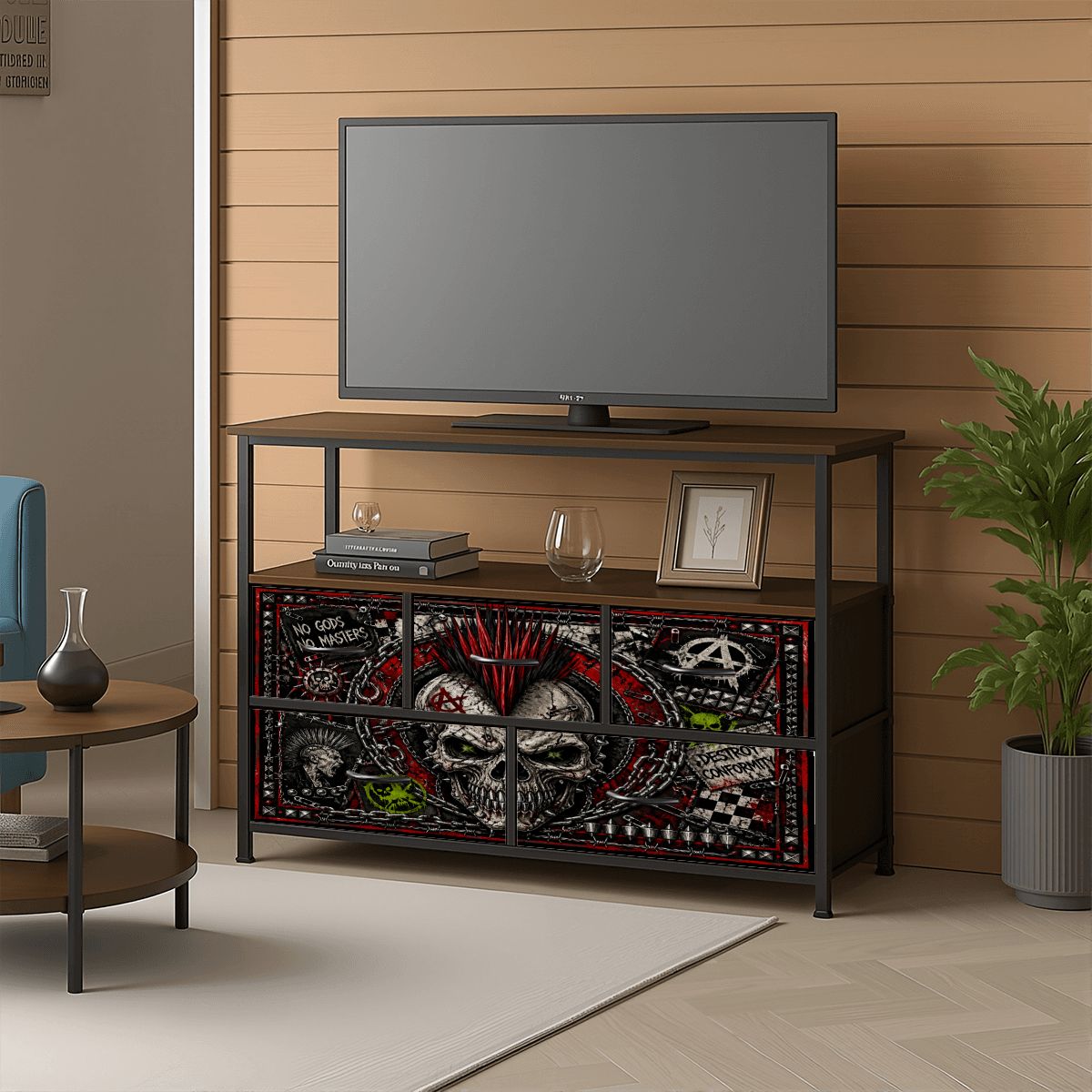 Punk TV Lowboard TV Stand, Designer Sideboard NO GODS NO MASTERS Steckdosenleiste & USB-Ports
