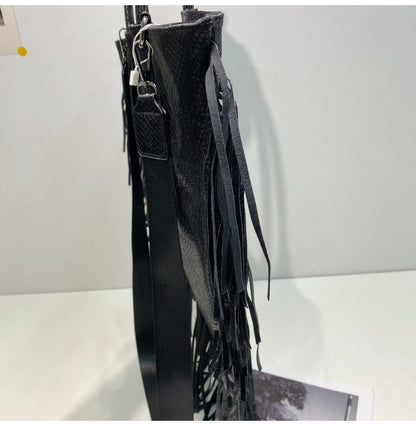 Muschibitch Rivet Fringe Tote – Leopard & Black Retro Designer Shoulder Bag