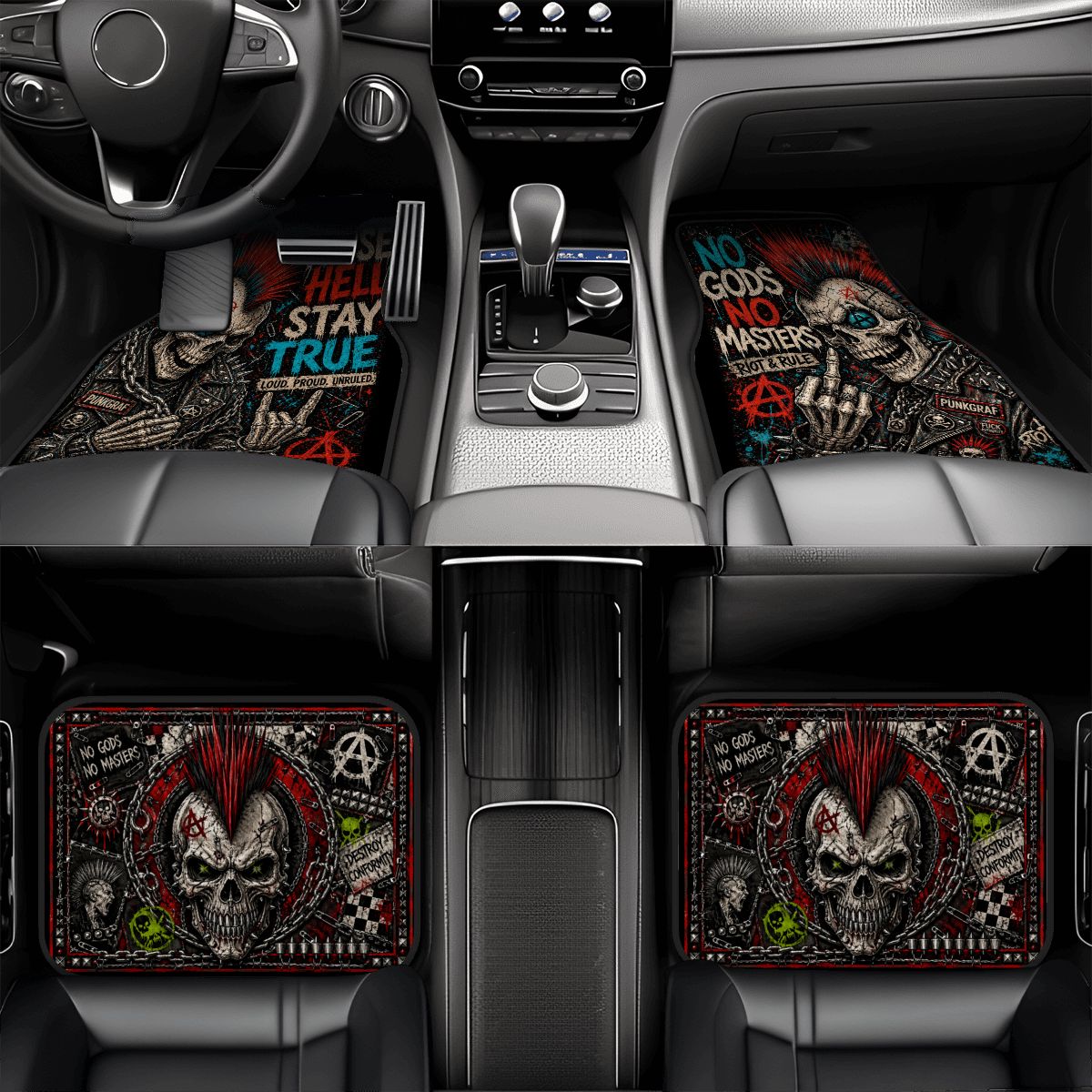 Punk Auto Fußmatten, Punkgraf Automatten Set NO GODS NO MASTERS Fußmatten, 4-teiliges Car Mat Set